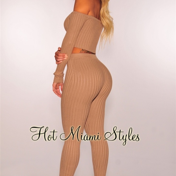 Mocha Ribbed Off Shoulder Two Piece Set - Picture 2 of 2